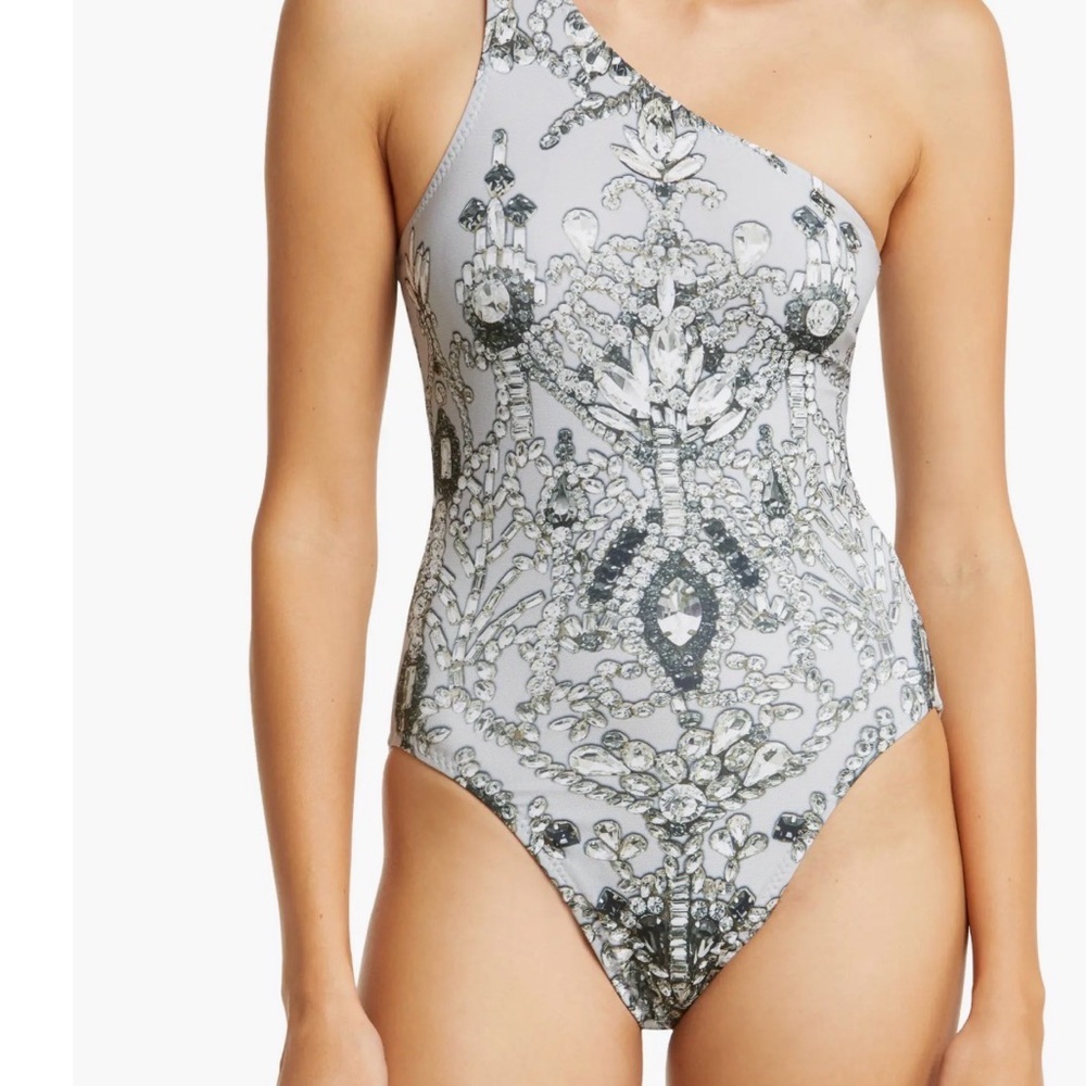 Norma Kamali One-Shoulder MIO White and Gray Patterned Women's Swimsuit JEWELS